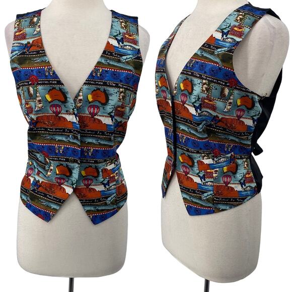 Vintage 90s Nicole Miller Silk Vest Australia Pattern Black Blue Red NEW Large - Picture 1 of 12